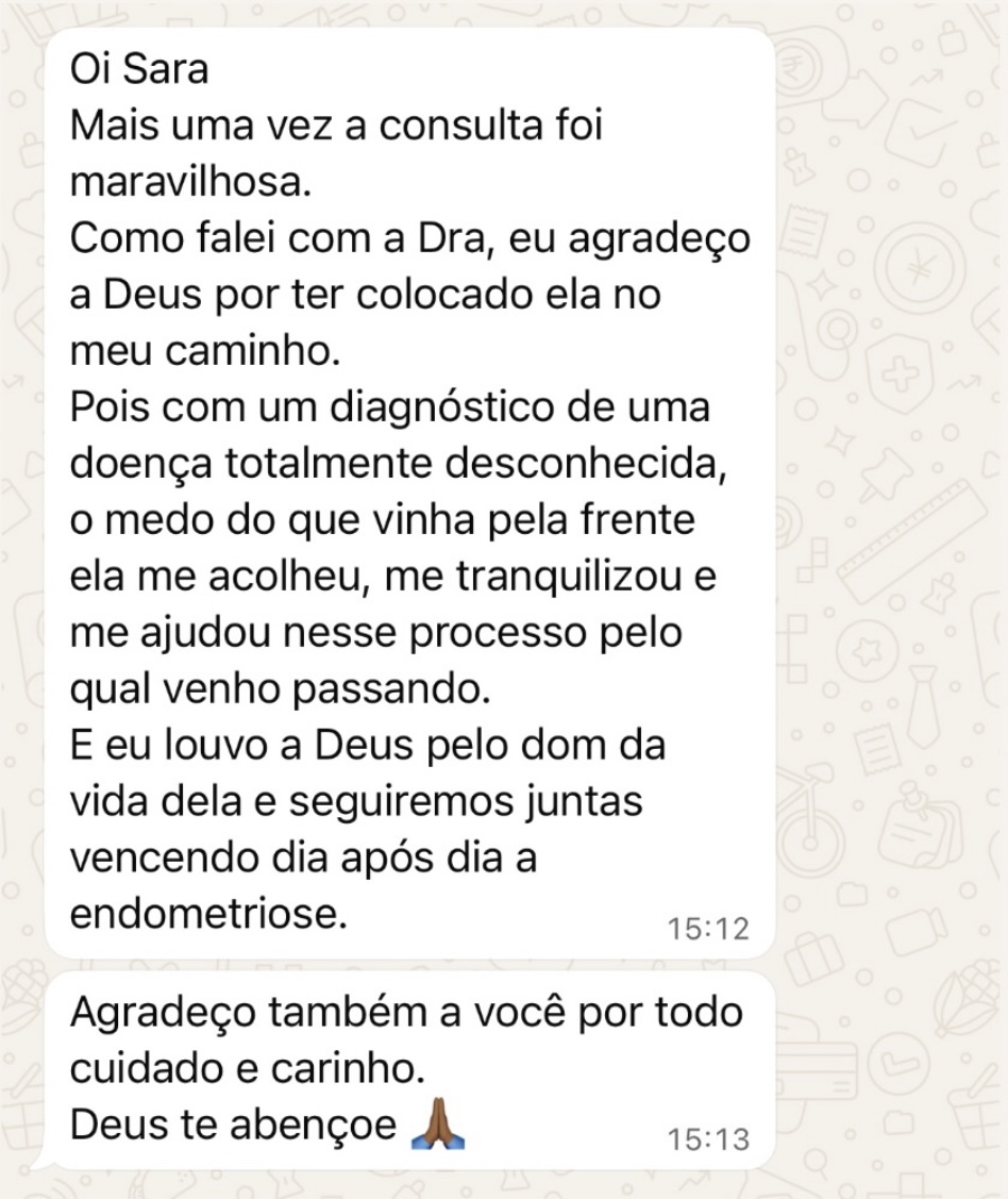 Mensagem de paciente com endometriose agradecendo pelo acolhimento da Dr.ª Mariana Côrtes
